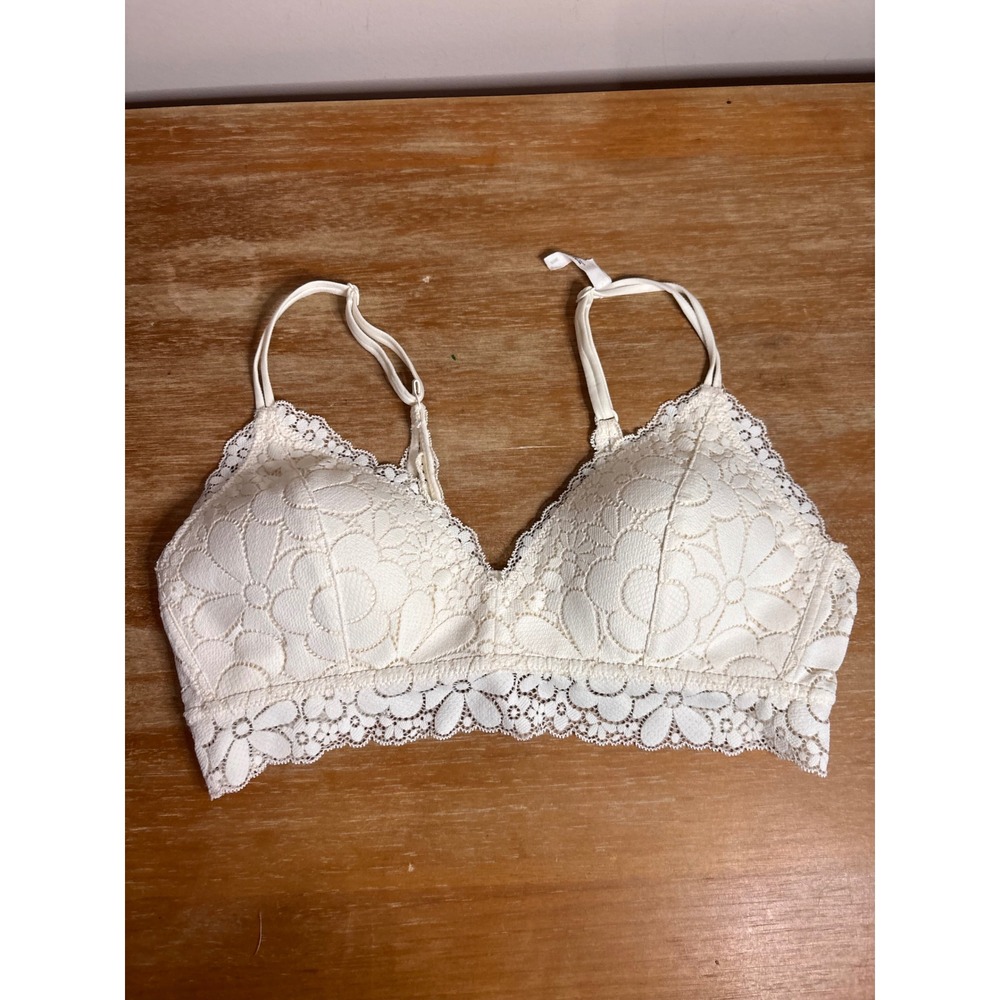 Aerie Cream Floral Lace Wireless Bralette Longline 36B Adjustable Straps